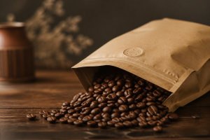 פולי קפה טריים יוצאים משקית אטומה עם שסתום
